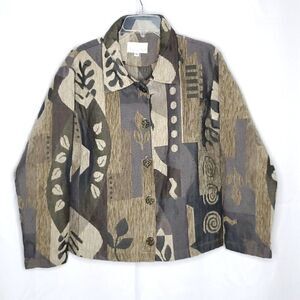 Winding River Tapestry Jacket M Gray Tan Blazer Art To Wear Boho Geometric